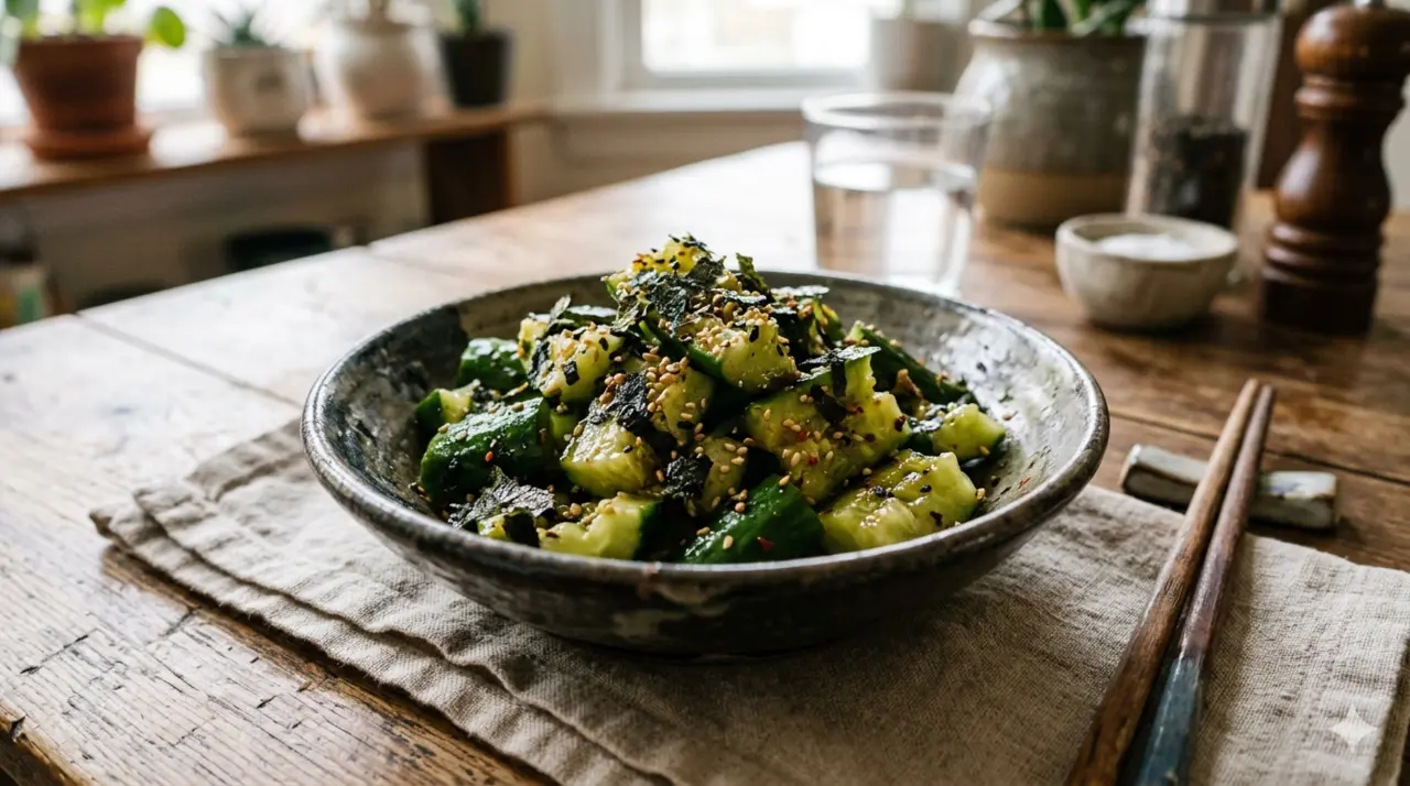 Smashed Japanese Cucumber with Sesame, Garlic and Nori